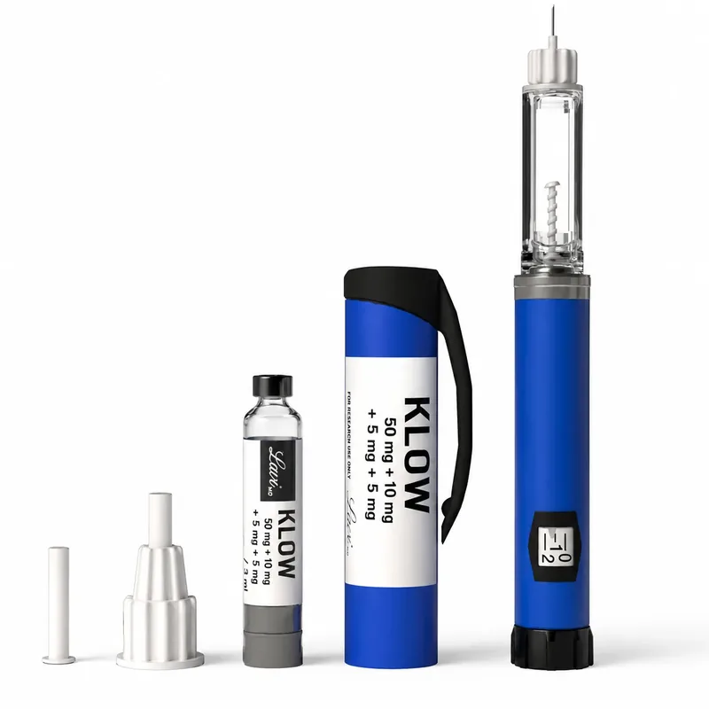 KLOW (BPC-157 / TB-500 / GHK-Cu / KPV) injection pen with vial and carry case